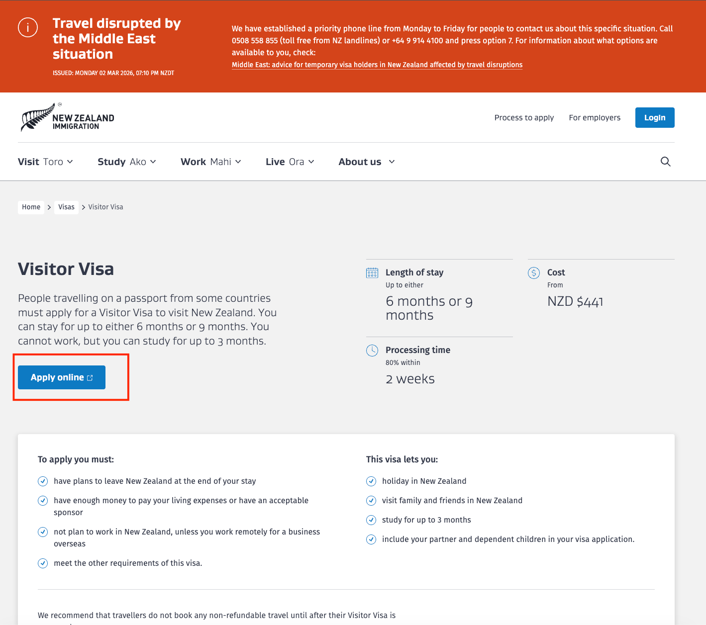 Step 1：进入新西兰 Visitor Visa 官网